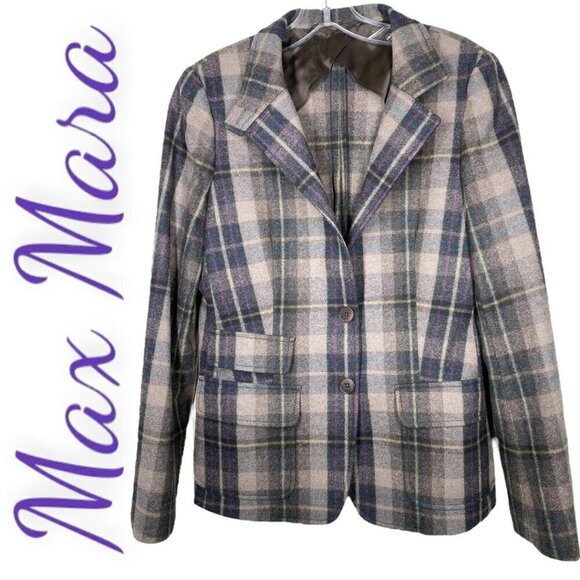 MAX MARA Brown & Lavender Purple Plaid Wool Blazer, Size 6 - Picture 2 of 7